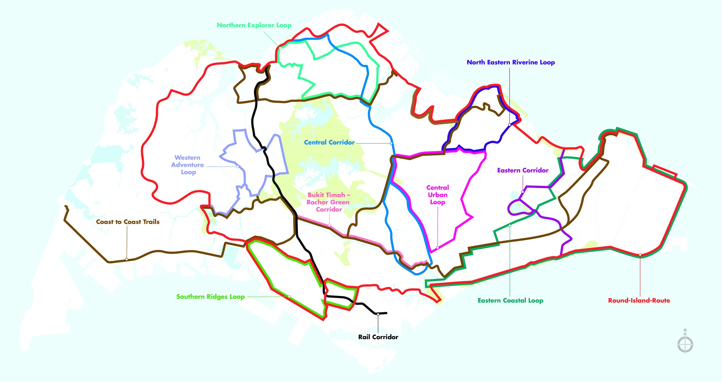 Map of Singapore's Park Connector Network — the green loops and corridors you can walk or run to clock your distance.